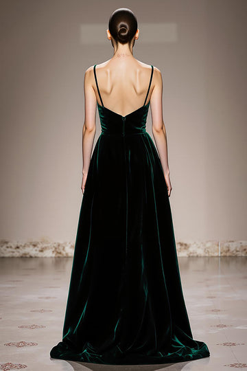 Velvet Dark Green A Line Long Evening Dress with Slit